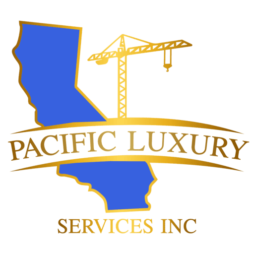 Logo of Pacific Luxury Services Inc featuring a construction crane over a California map outline, em.