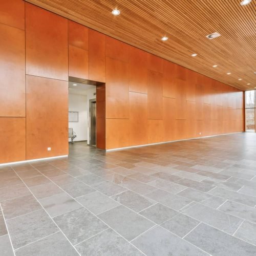 Modern lobby with wood panel walls, large windows, and sleek flooring.
